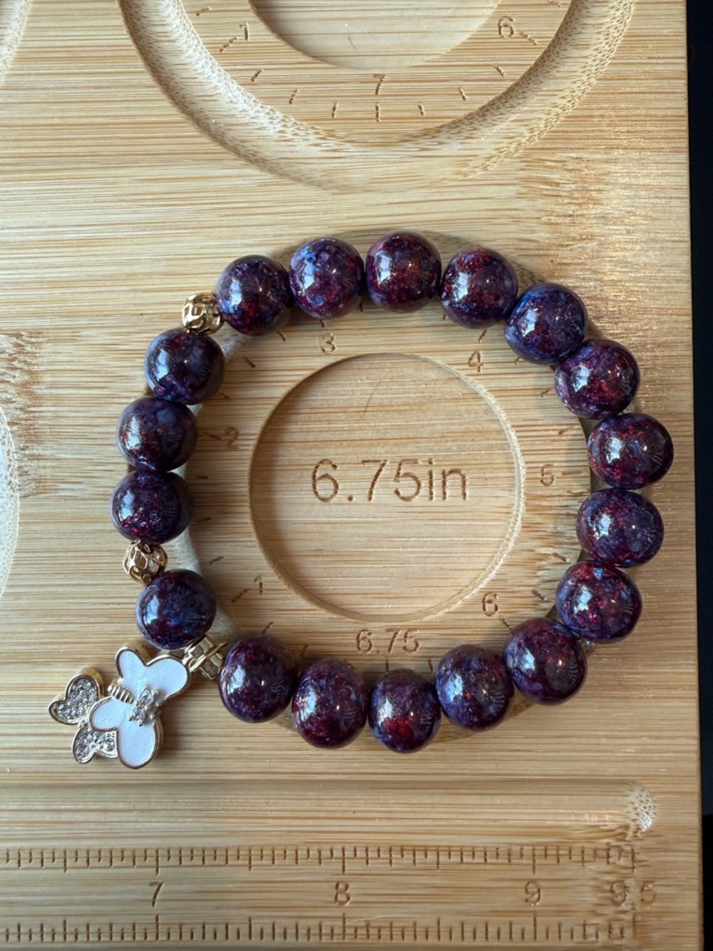 Handmade 10mm Glass Beaded Garnet-Red Stretch Bracelet with Butterfly Charm